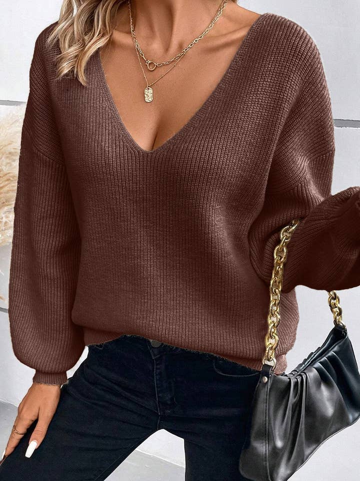 Suhkasana Apricot Lantern Sleeve V Neck Knot Back Sweater Coffee