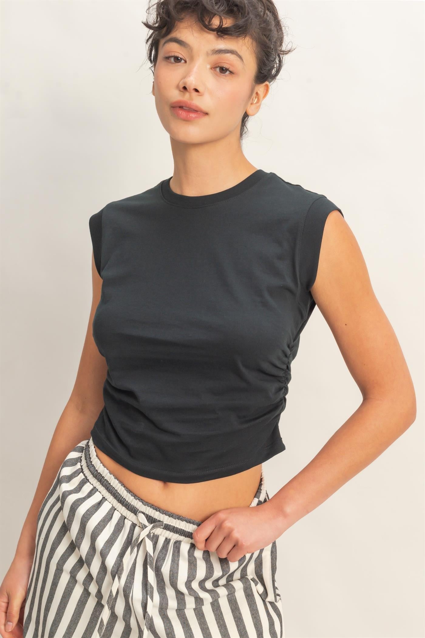 YAZ. Anita Ruched Waist Sleeveless Cotton Top