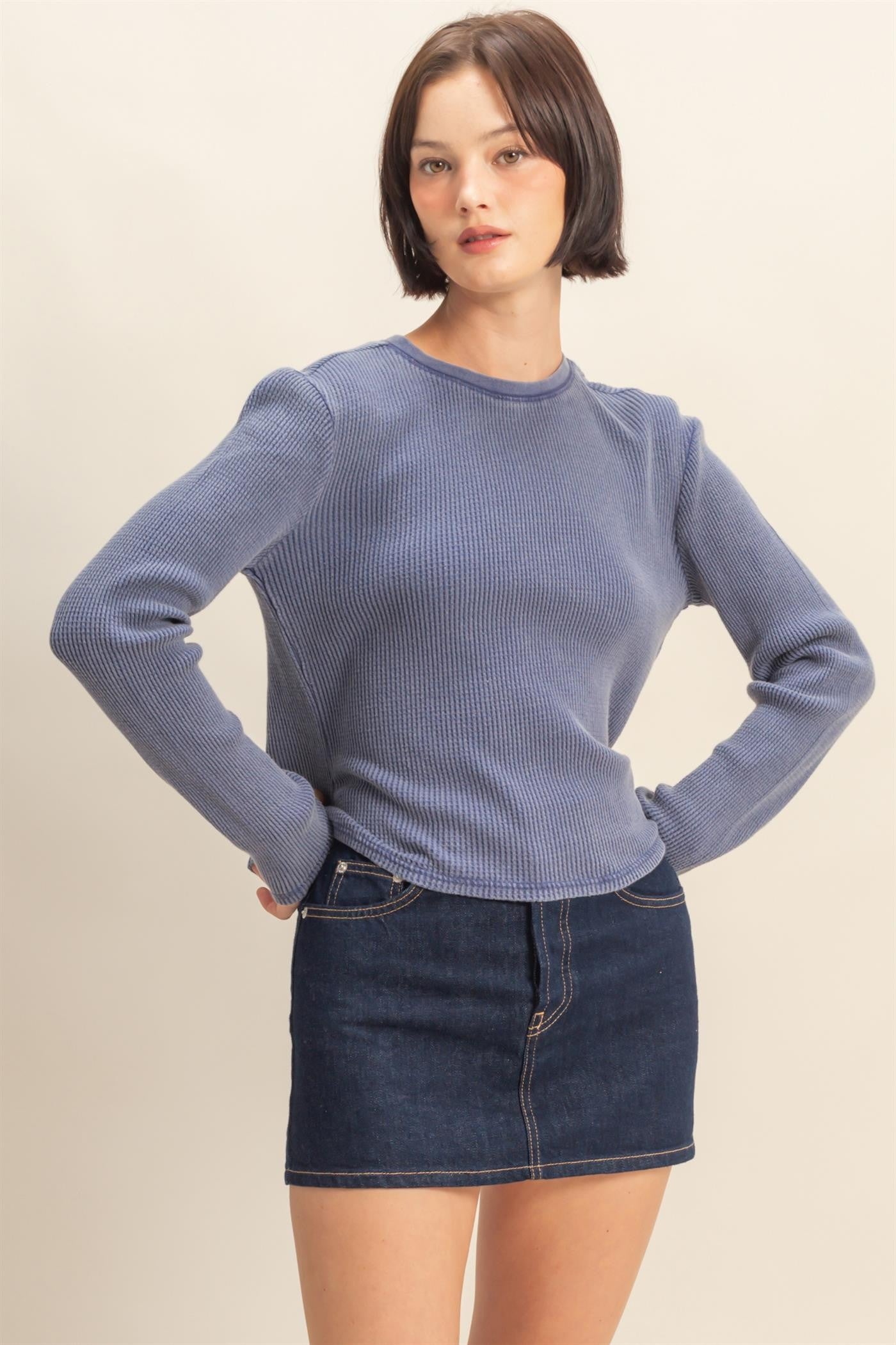 GOLDEN Tali Mineral Wash Waffle Knit Long Sleeve Top Dusty Indigo