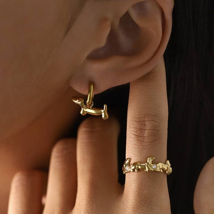 Perimade & Co Playful Dachshund Dog Drop Hoop Earrings by Perimade & Co