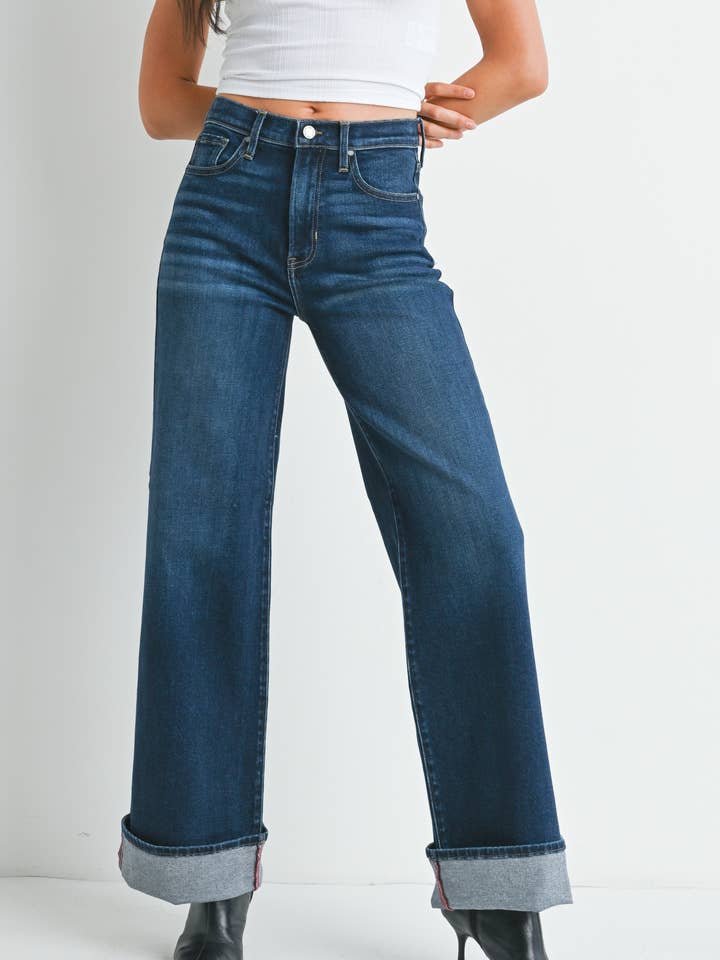 Just Black Denim Cuffed Palazzo Jeans  in Dark Denim