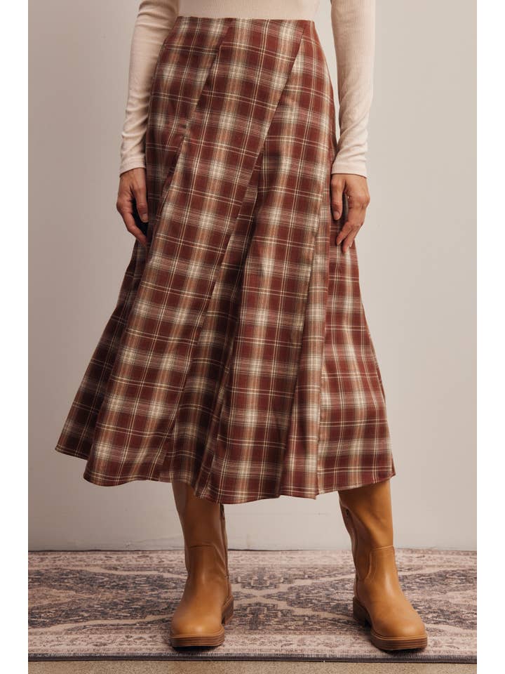 Forte Plaid Midi Skirt Marsala Ivory