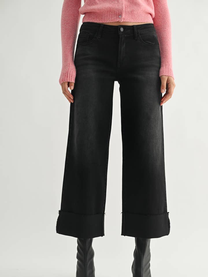 Just Black Denim Scissor Cut Cuffed Wide Leg in Washed Black - Washed Black