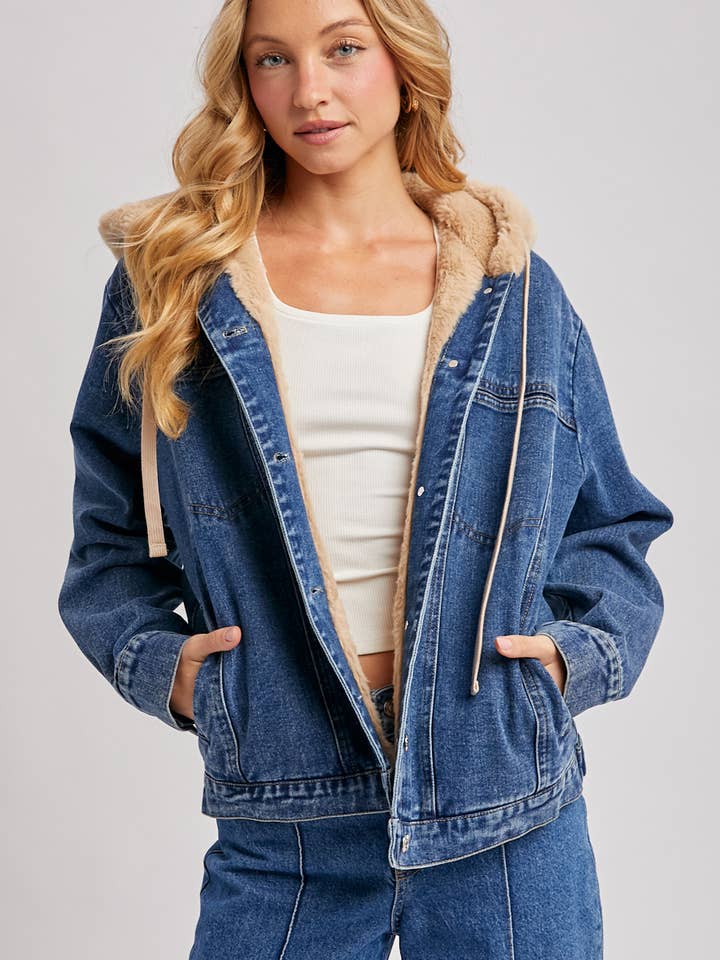 Bluivy Button Down Faux Fur Hooded Denim Jacket Dark Wash