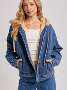 Bluivy Button Down Faux Fur Hooded Denim Jacket Dark Wash