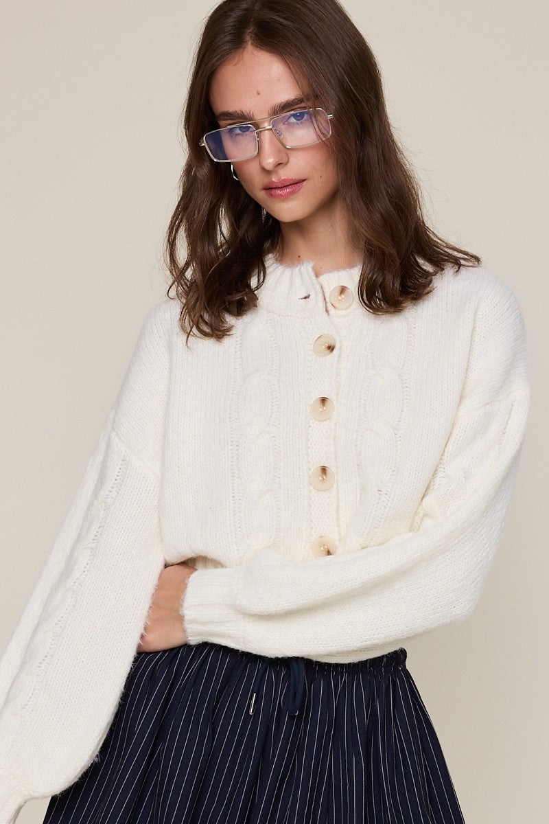 GOLDEN Lorna Puff Sleeve Button Down Knit Sweater Ivory