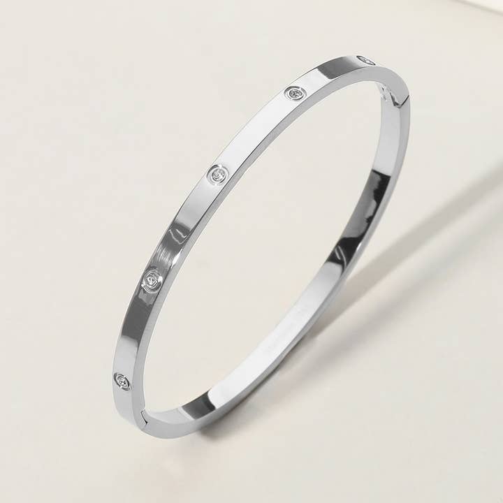 Sensibling Stainless Steel Stone Paved Hinged Bangle Bracelet Silver