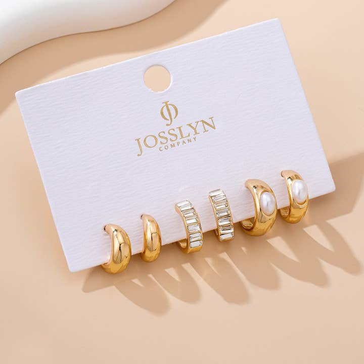 JOSSLYN by Wall to Wall Pearl & Baguette Huggie Hoop Trio Earring Set | 80E61741