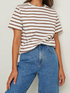 Dipped Shop Round Neck Striped Loose Short Sleeves Top