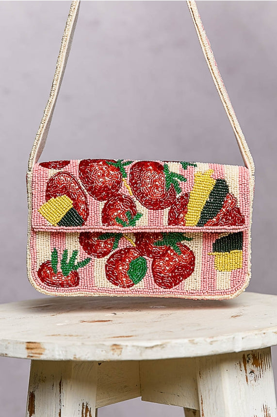 Pol Clothing Pink Beaded Fruit Pattern Shoulder Flap Bag