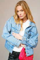 GOLDEN Lumiere Flat Silver Studded Loose Button Up Denim Jacket