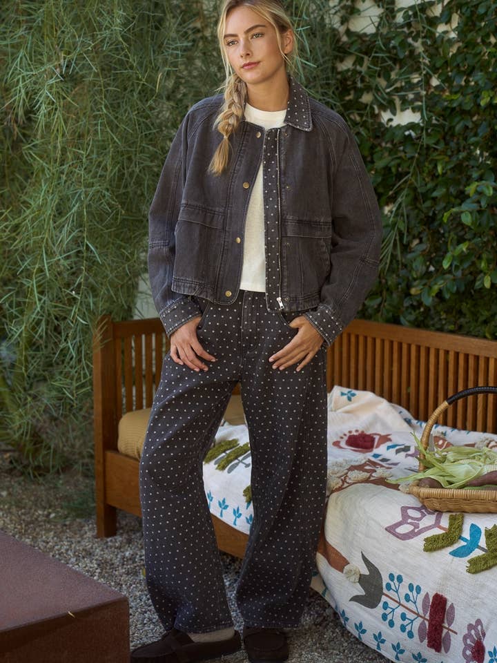 Dottie Dottie Garage Polka Dot Barrel Leg Denim Jeans in Charcoal by Dottie Dottie Garage
