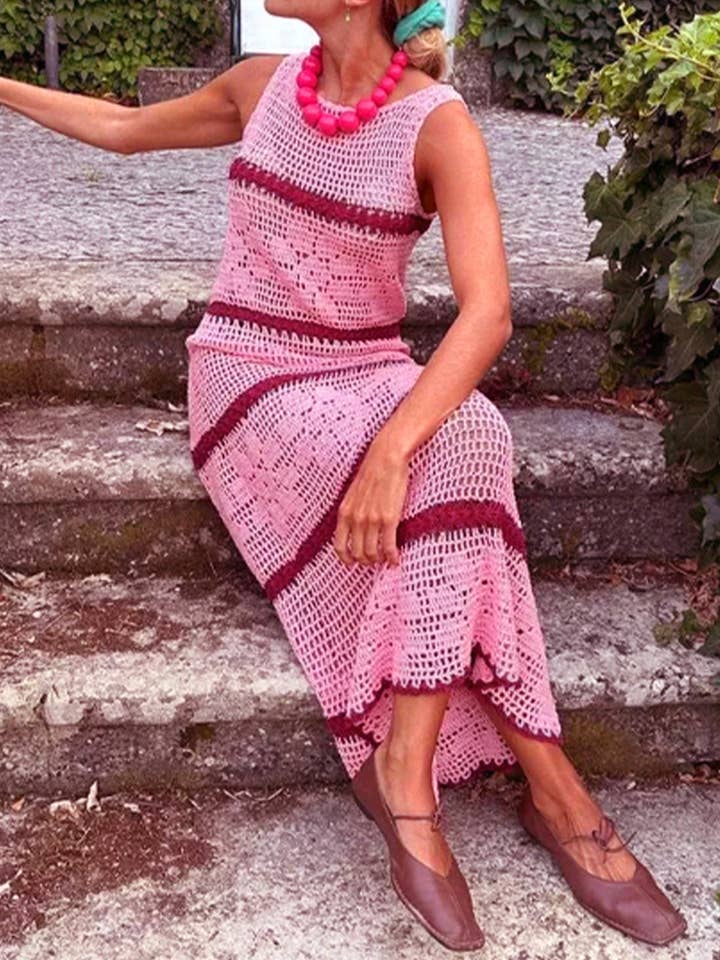Rosa Clothing Color Block Striped Crochet Floral Dress