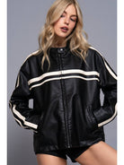 Active Basic Long Sleeve Line Detail Washed Effect Faux Leather Jacket Black
