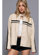 Active Basic Long Sleeve Line Detail Washed Effect Faux Leather Jacket Ecru