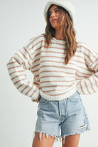 Buttermelon Basic Striped Knit Sweater Ivory Taupe