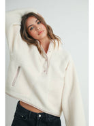 Buttermelon Fleece Button Front Side Pocket Long Sleeve Top IVory Pink