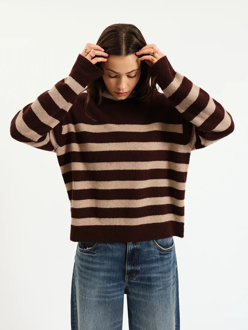 Daze Denim Carlyle Everyday Crewneck Sweater in Brown Oat Stripe