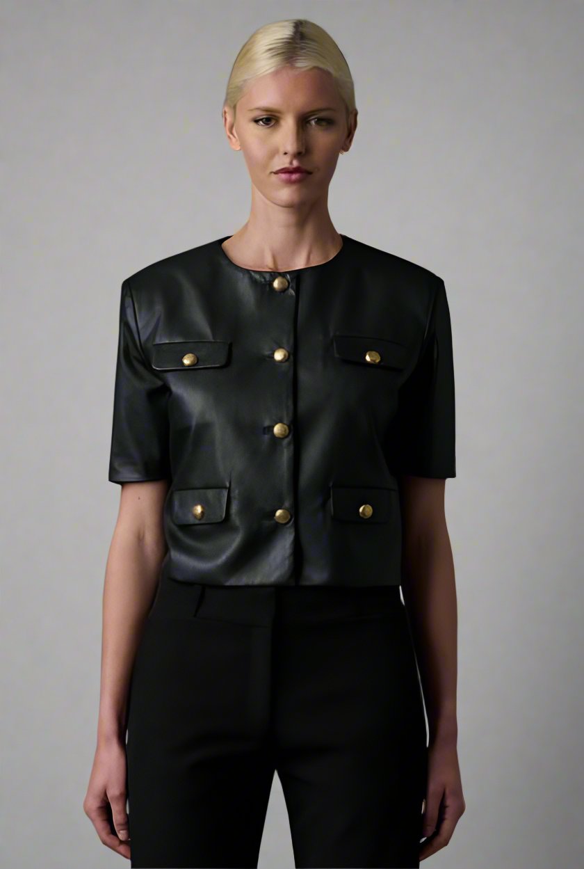 Du Paradis Black Faux Leather Button Down