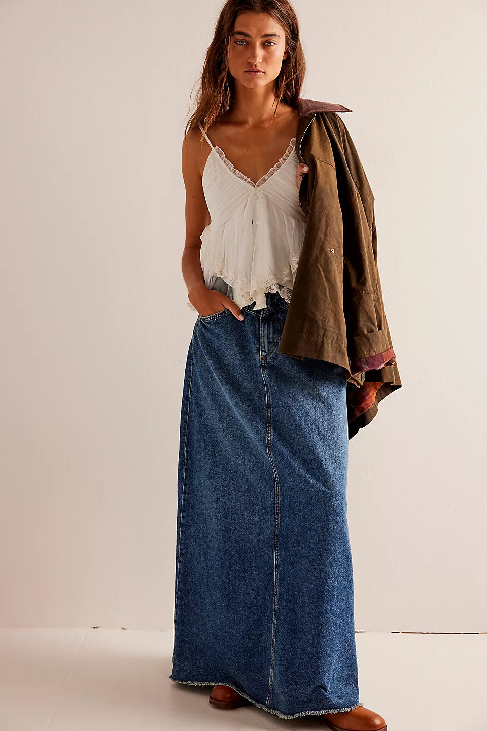 Free People Come As You Are Denim Maxi Skirt in Dark Indigo
