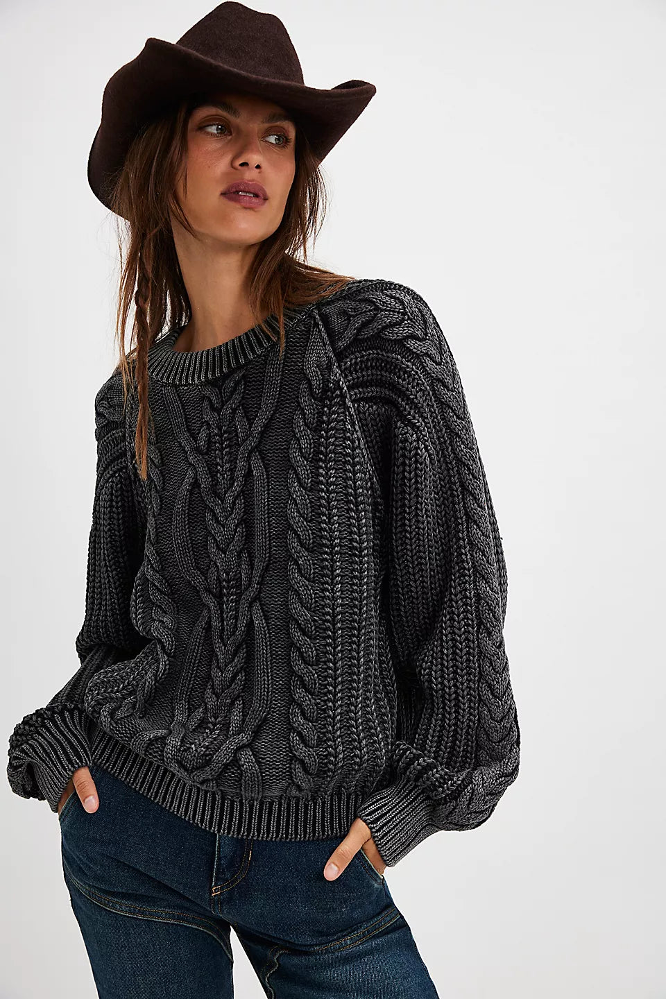 Free People Frankie Cable Sweater Black