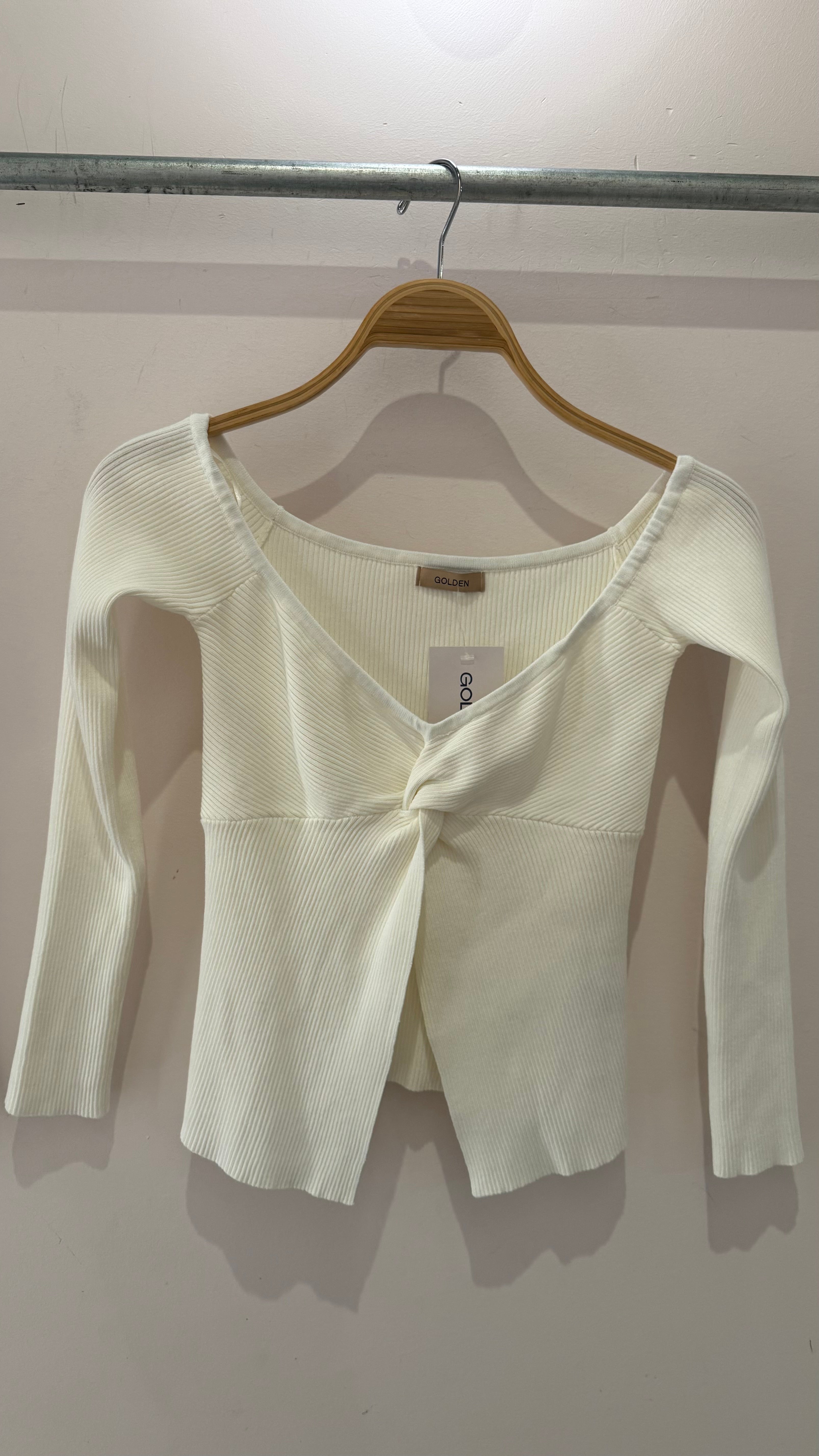 GOLDEN Lavonne Off Shoulder Twist Split Front Knit Sweater