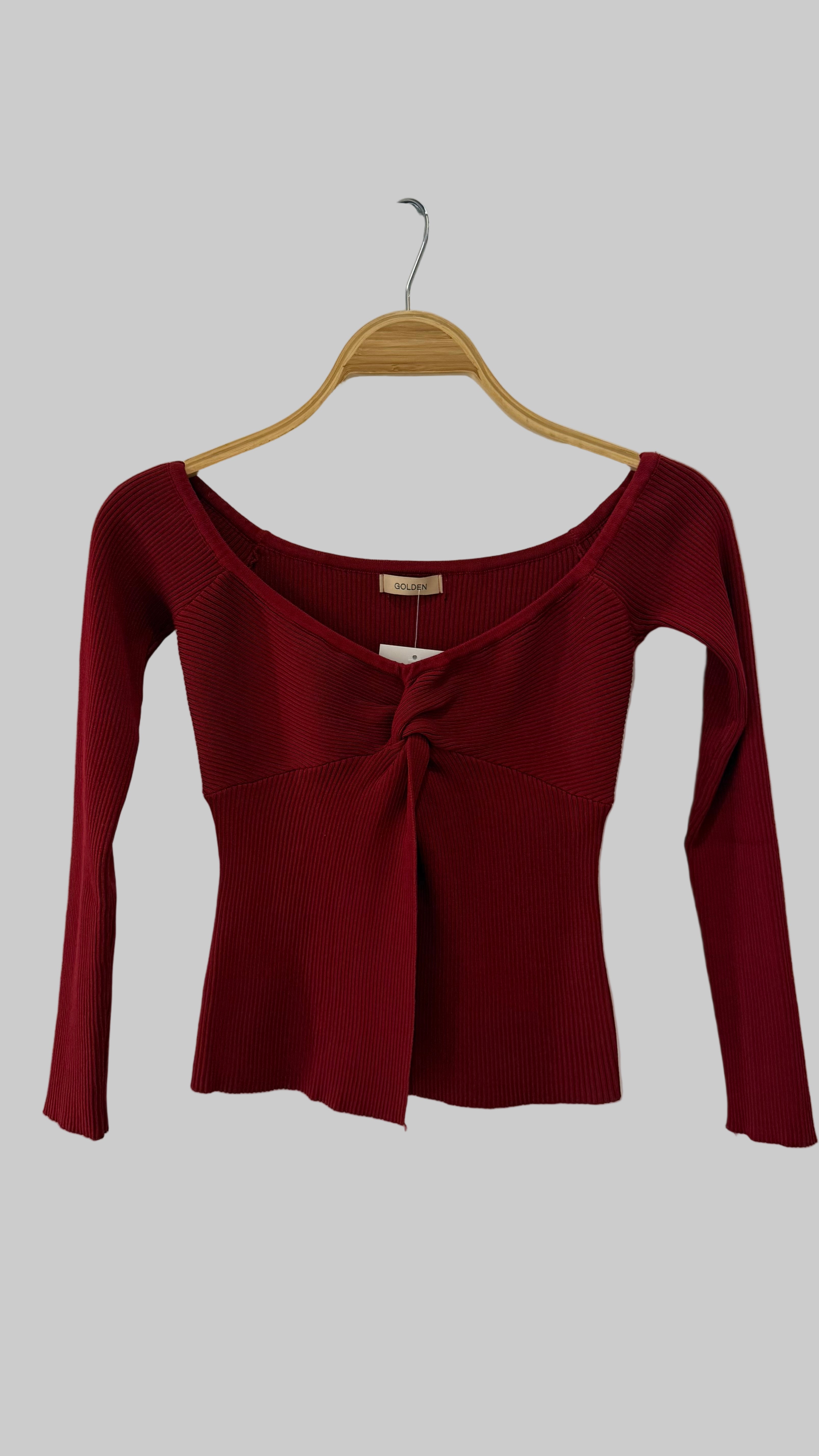 GOLDEN Lavonne Off Shoulder Twist Split Front Knit Sweater - Deep Red