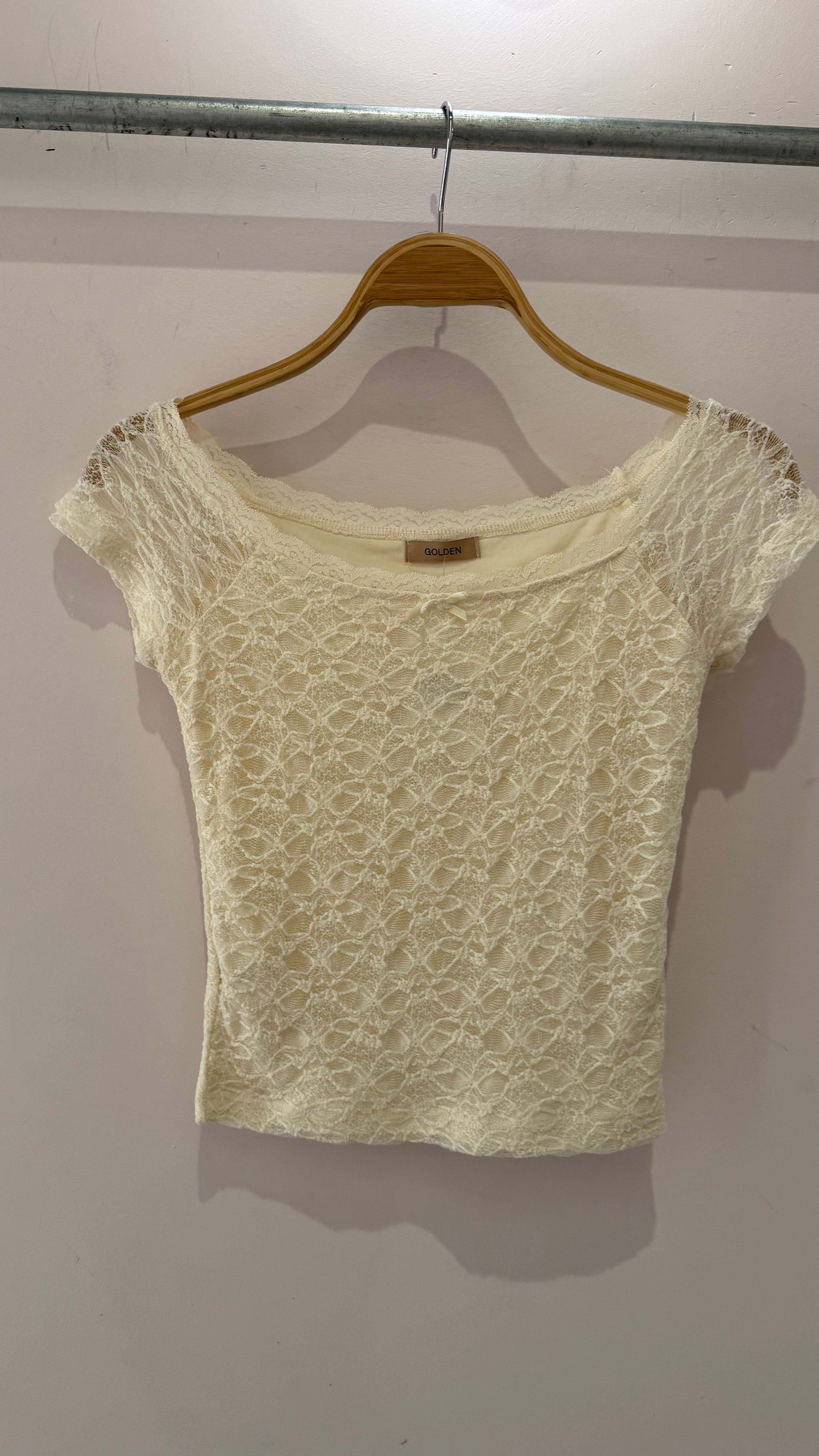 GOLDEN Lillis Lace Front Bow Short Sleeve Knit Top