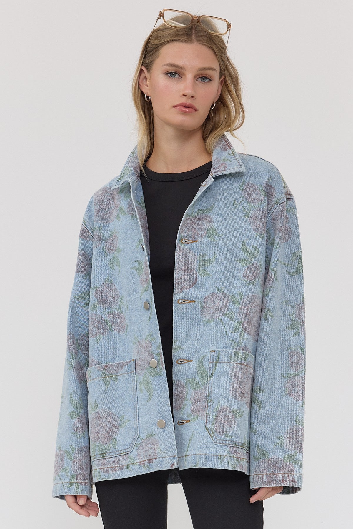GOLDEN Amias Floral Printed Denim Jacket