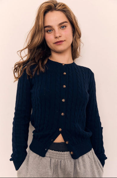 GOLDEN Anaise Round Neck Cable Cardigan Navy