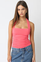 GOLDEN Araceli Strapless Ruched Halter Top Coral