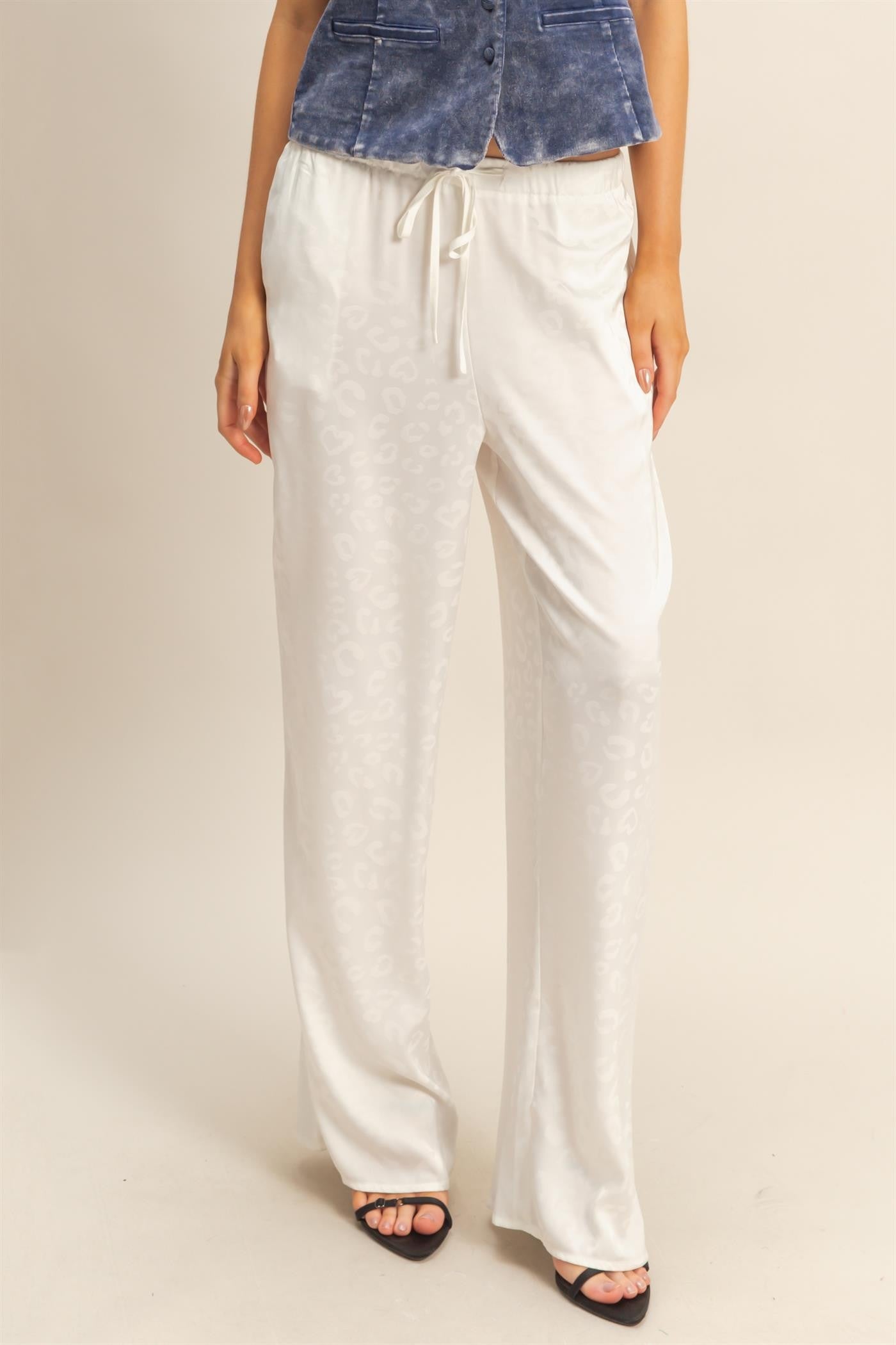 GOLDEN Domino Leopard Print Wide-leg Drawstring Pants White