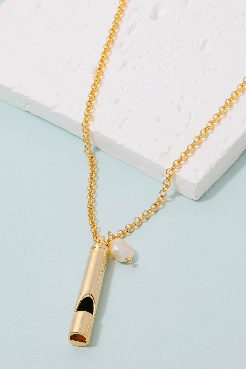 GOLDEN Gold Dipped Safety Whistle Pearl Pendant Necklace