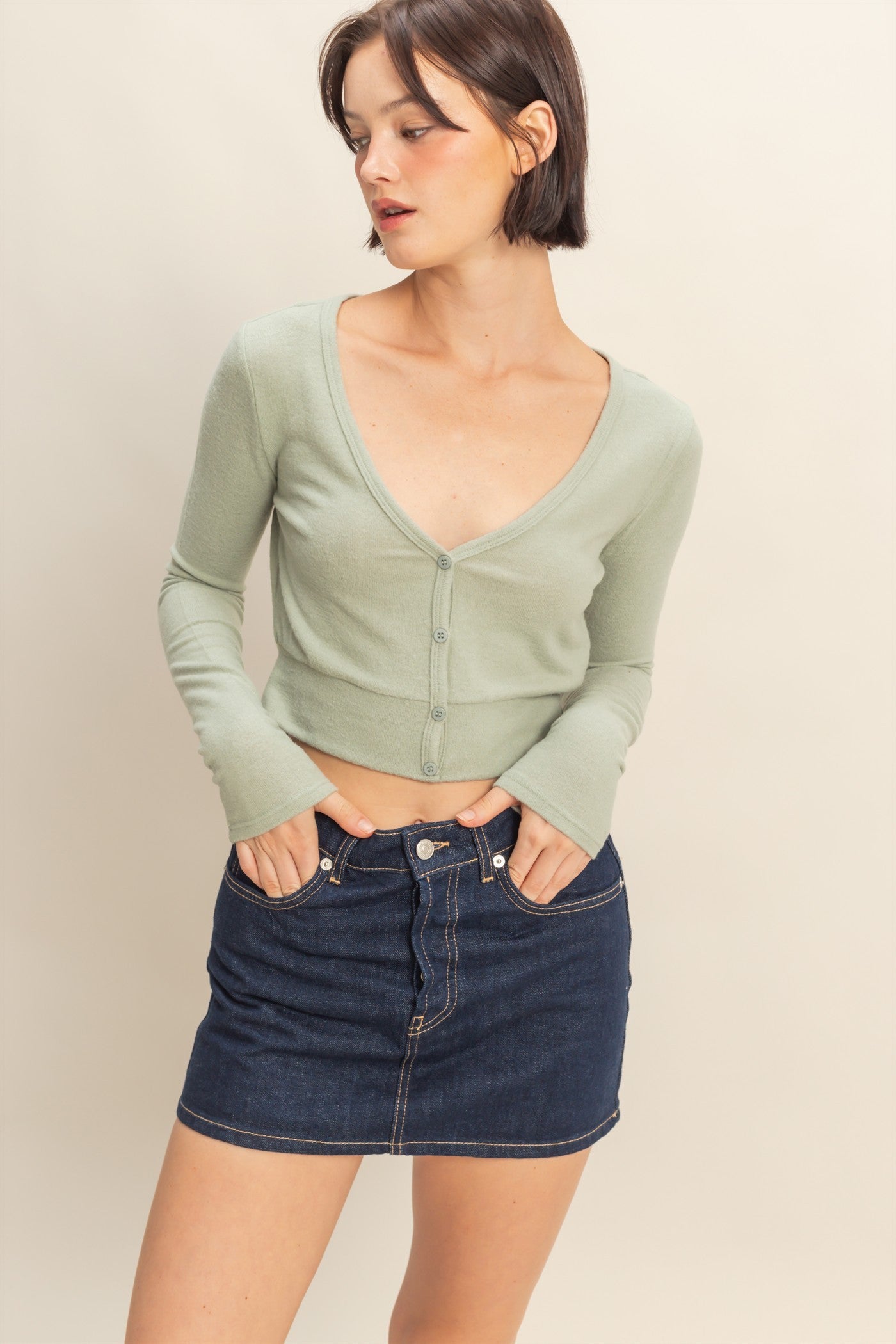 GOLDEN Hyacinth Cropped V-neck Long Sleeve Top Sage Green