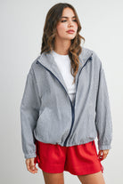 GOLDEN Isolde Striped Collared Zip-front Drawstring Jacket Navy