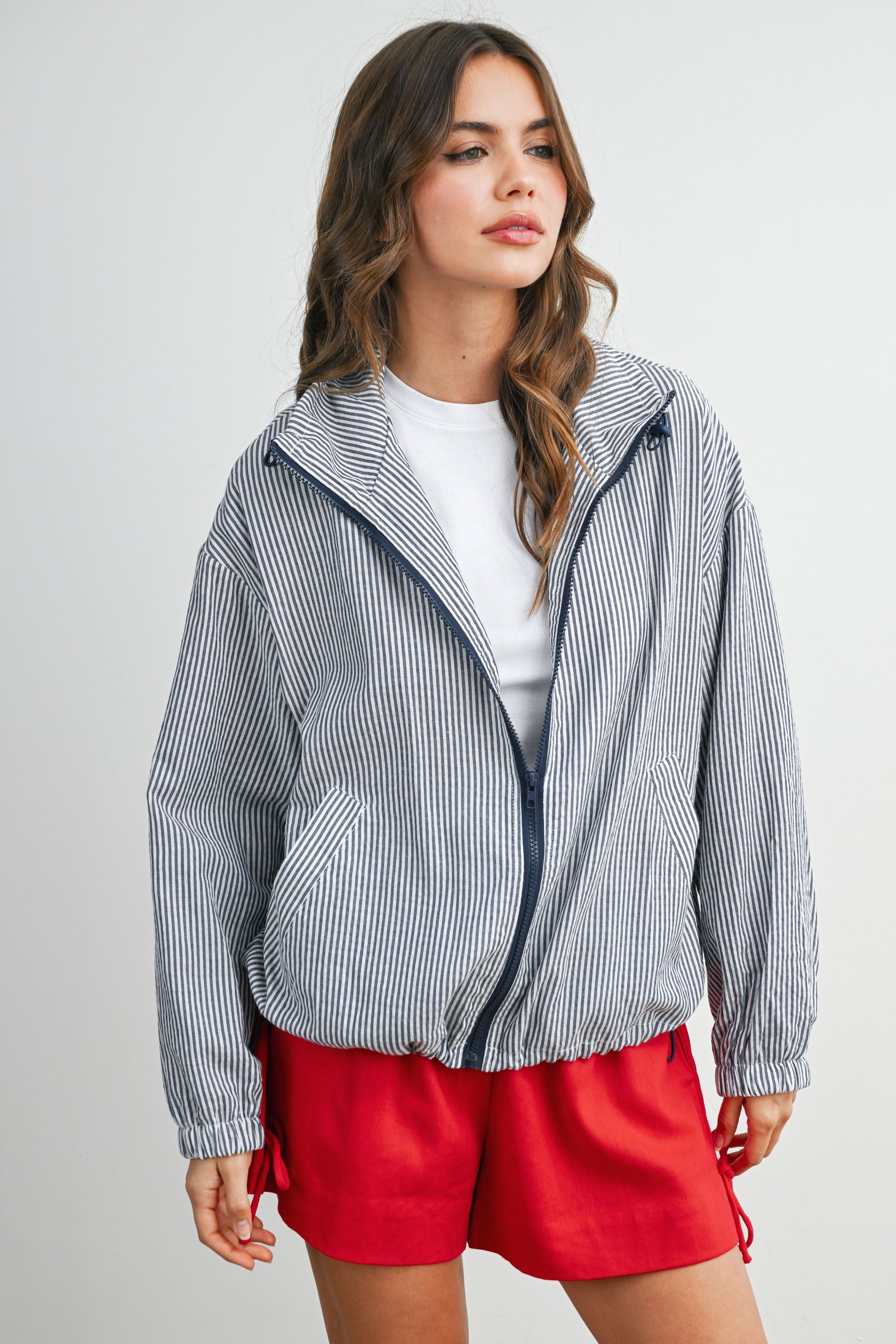 GOLDEN Isolde Striped Collared Zip-front Drawstring Jacket Navy