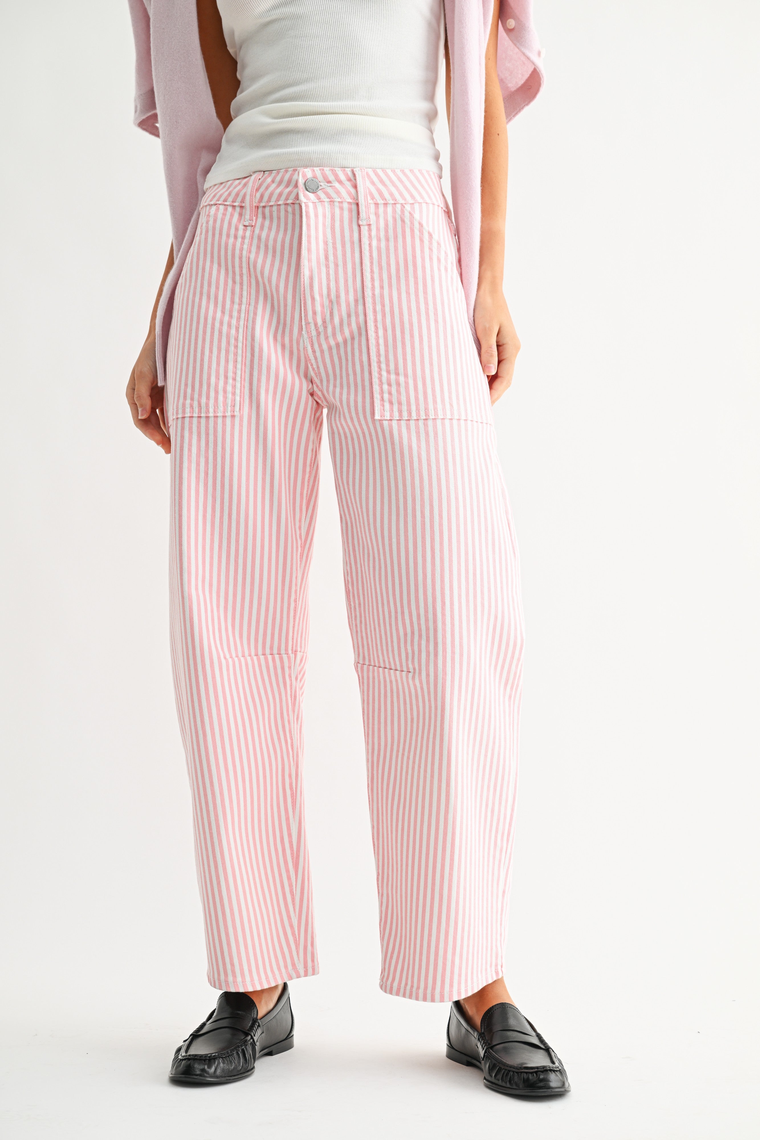 GOLDEN Izumi Denim Utility Seamed Barrel Jean in Pink Stripe