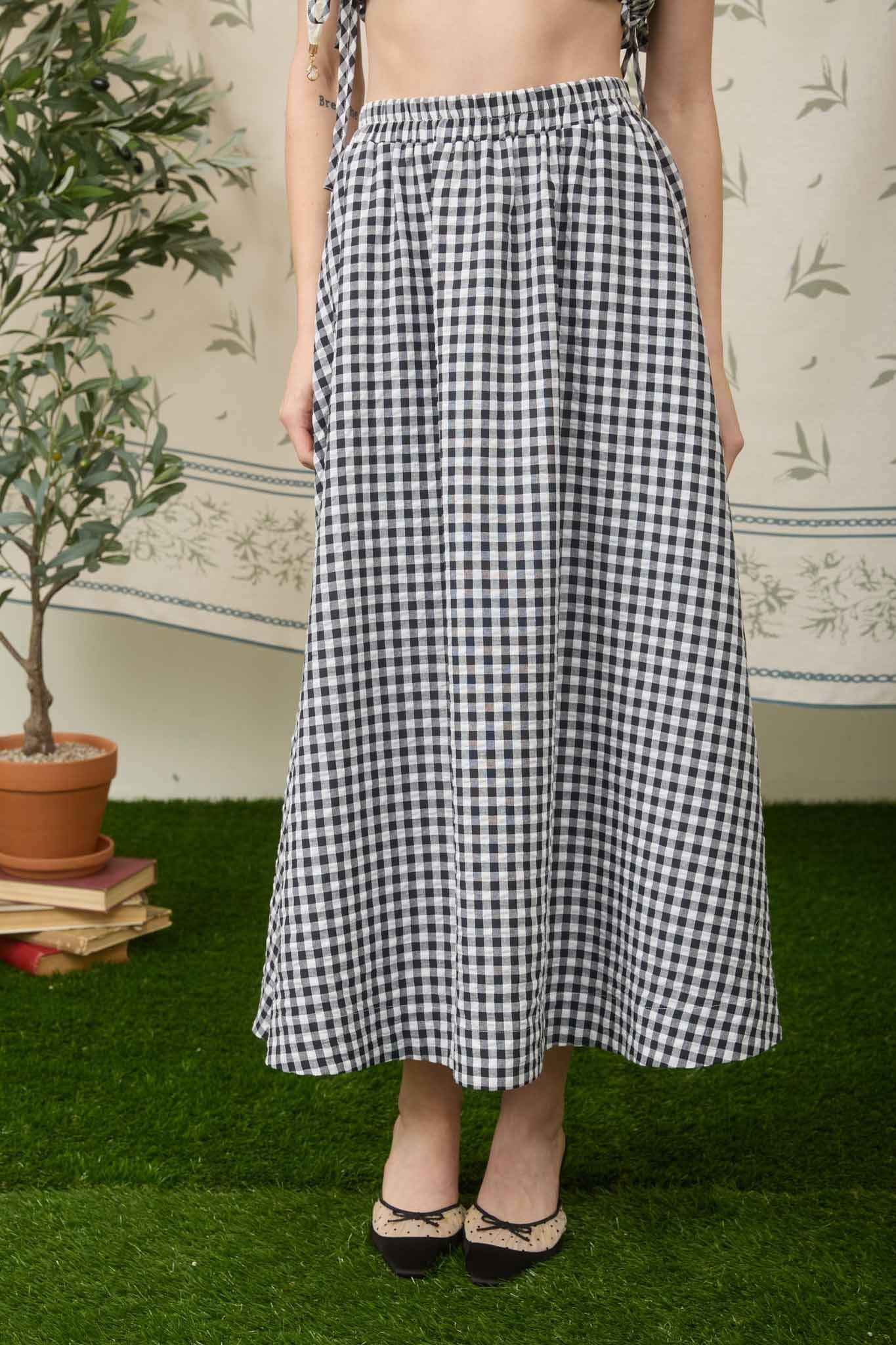 GOLDEN Kimora Gingham Elastic Waist Midi Skirt Black