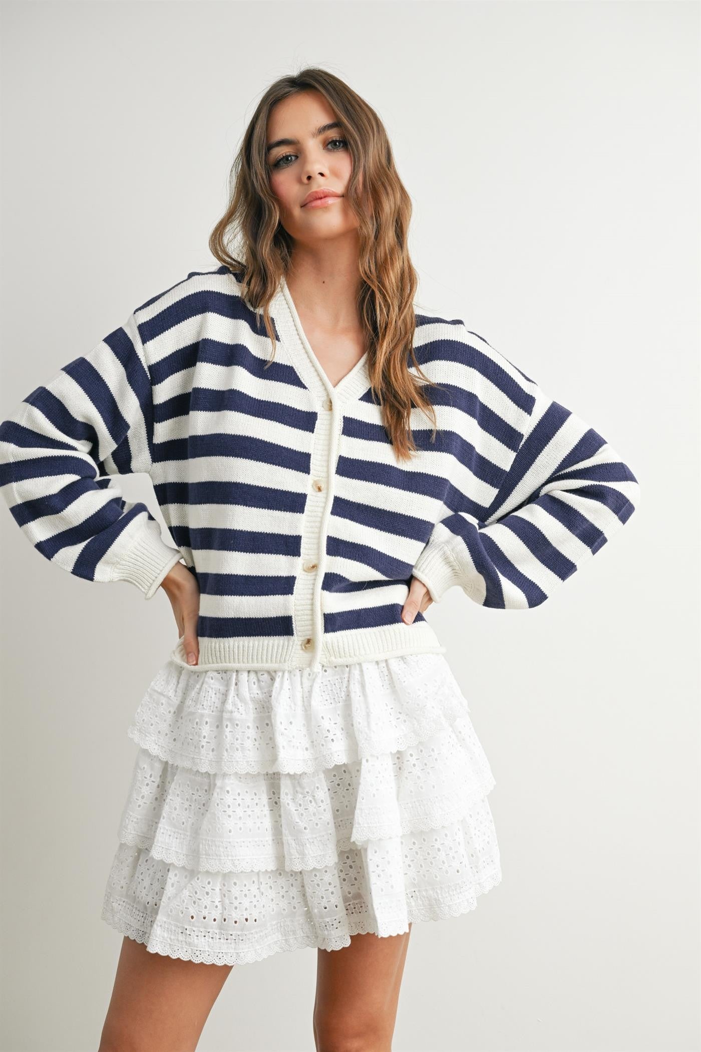 GOLDEN Kirrily Button Front Stripped Sweater Ivory navy
