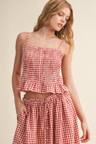 GOLDEN Minka Gingham Button Front Smocking Top