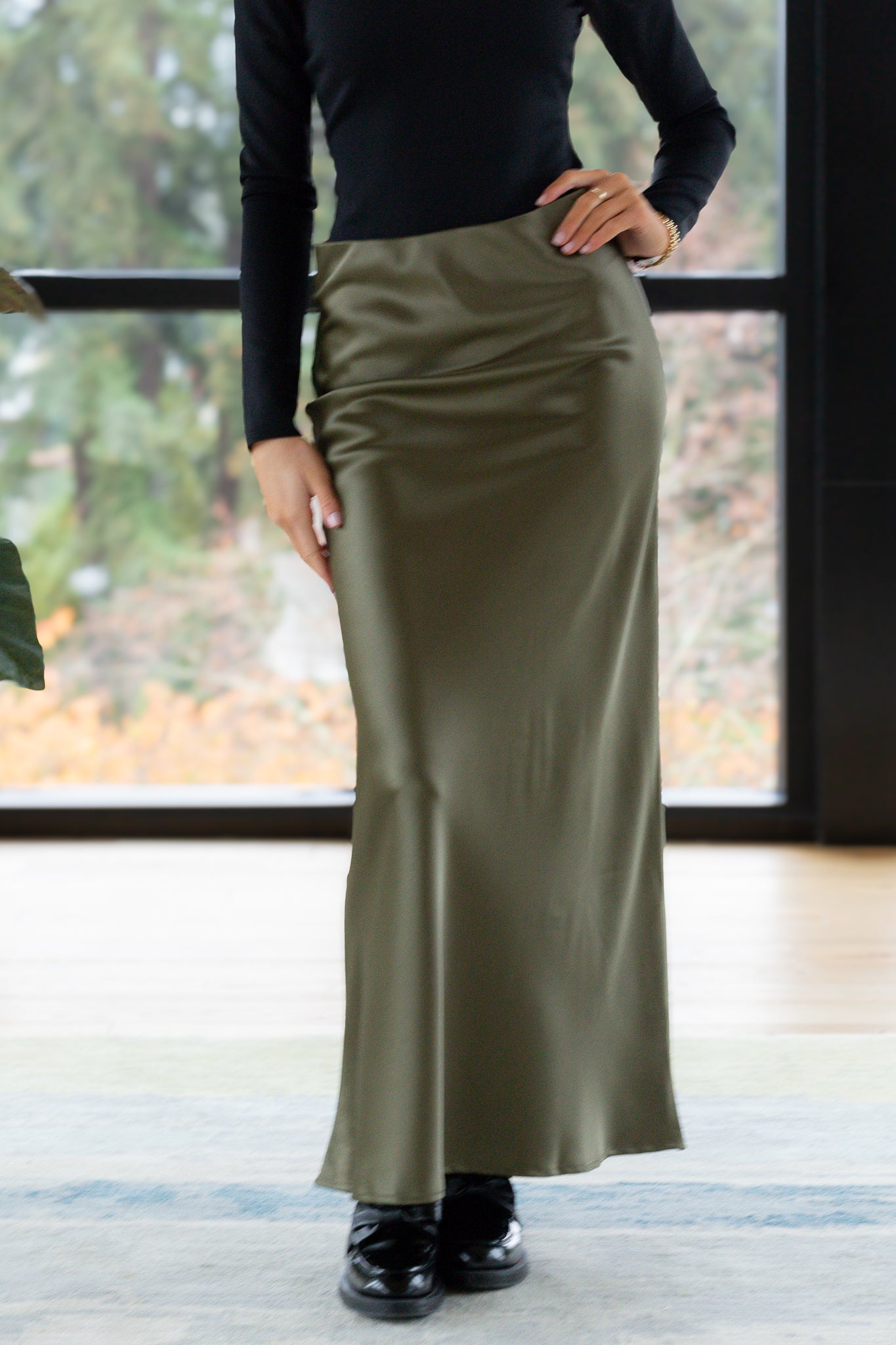 GOLDEN Nela Midi Satin Skirt Olive