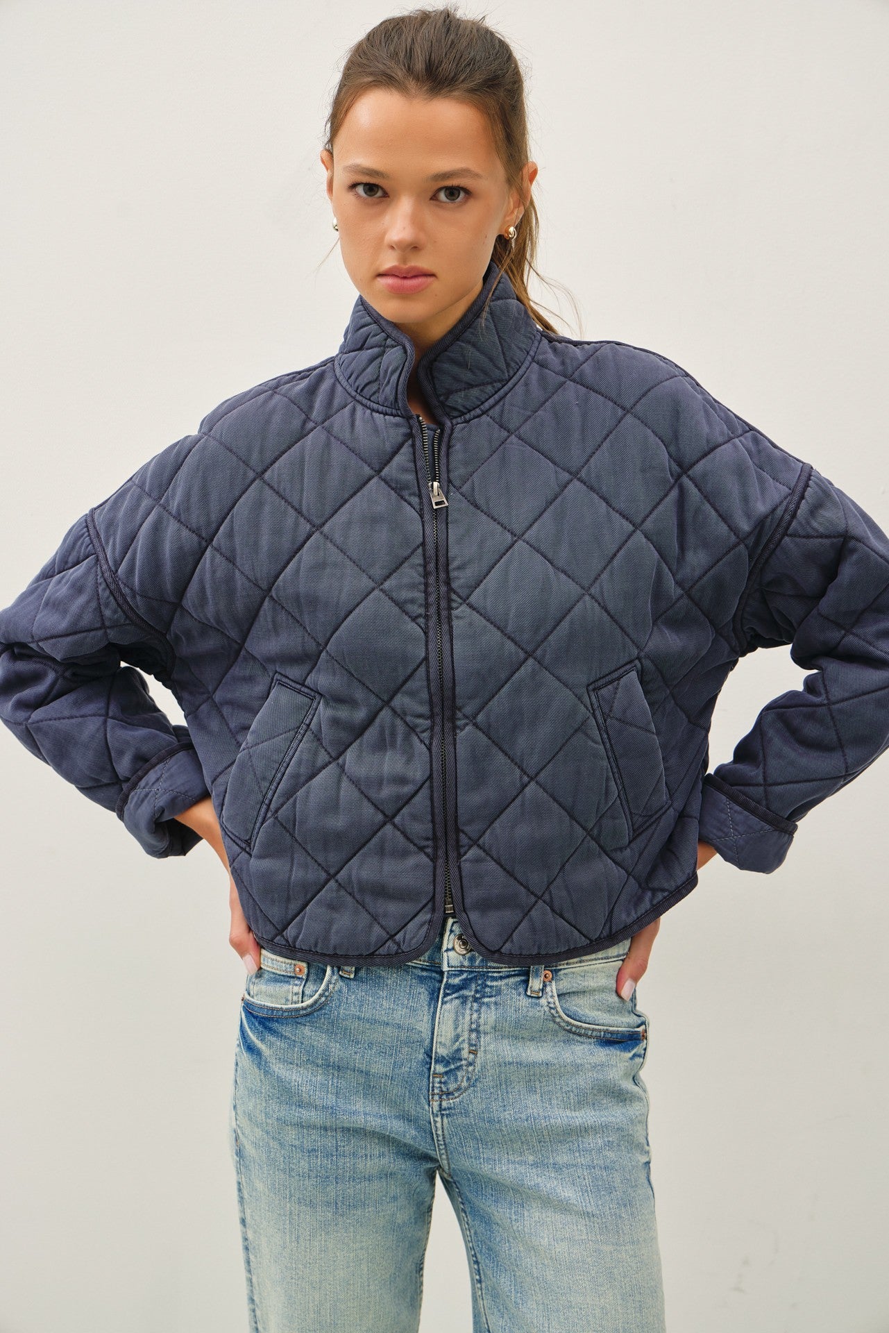 Golden Pearla Quilted Utility Jacket Charcoal Blue