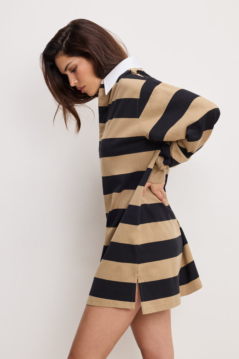 Good American Jersey Polo Mini Dress in mineral And Black Rugby Stripe Good American Jersey Polo Mini Dress in mineral And Black Rugby Stripe