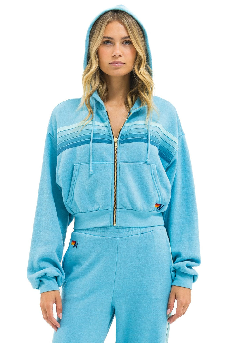 Aviator Nation 5 Stripe Cropped Zip Hoodie Relaxed