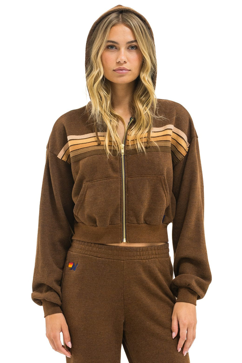 Aviator Nation 5 Stripe Cropped Zip Hoodie Relaxed