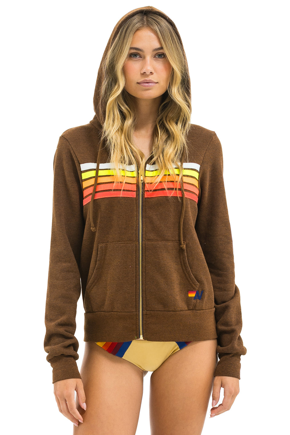 Aviator Nation 5 Stripe Zip Hoodie - Chocolate/White Neon