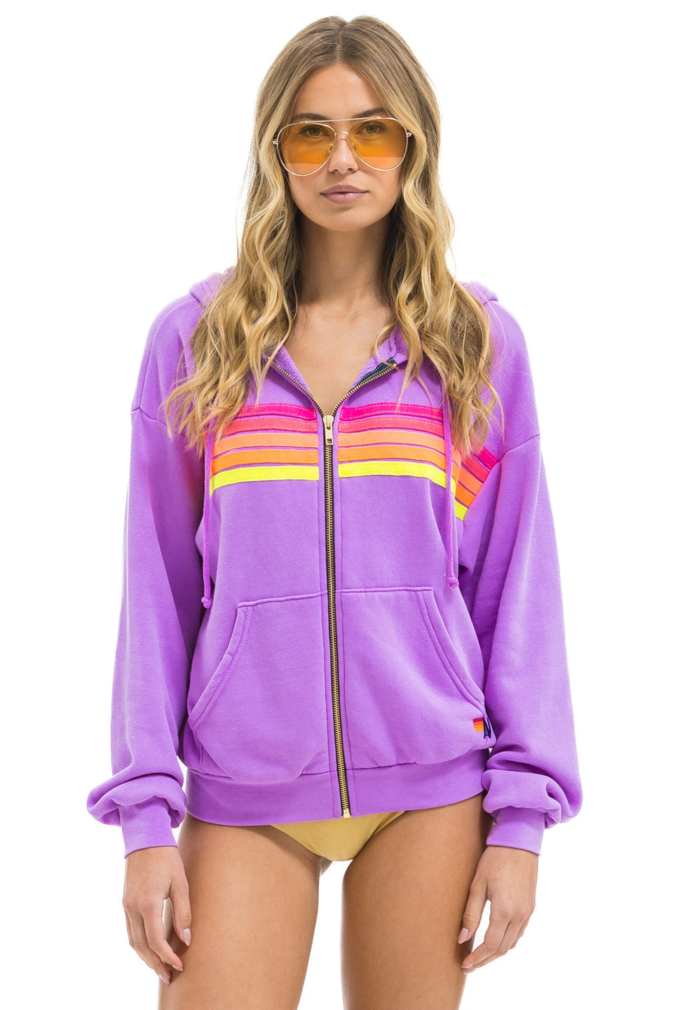Aviator Nation 5 Stripe Relaxed Zip Hoodie Neon Purple