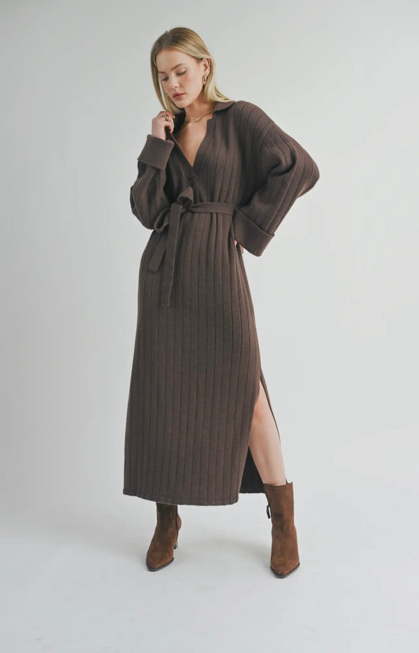 SAGE THE LABEL Amber Waist Tied Sweater Midi Dress Chocolate