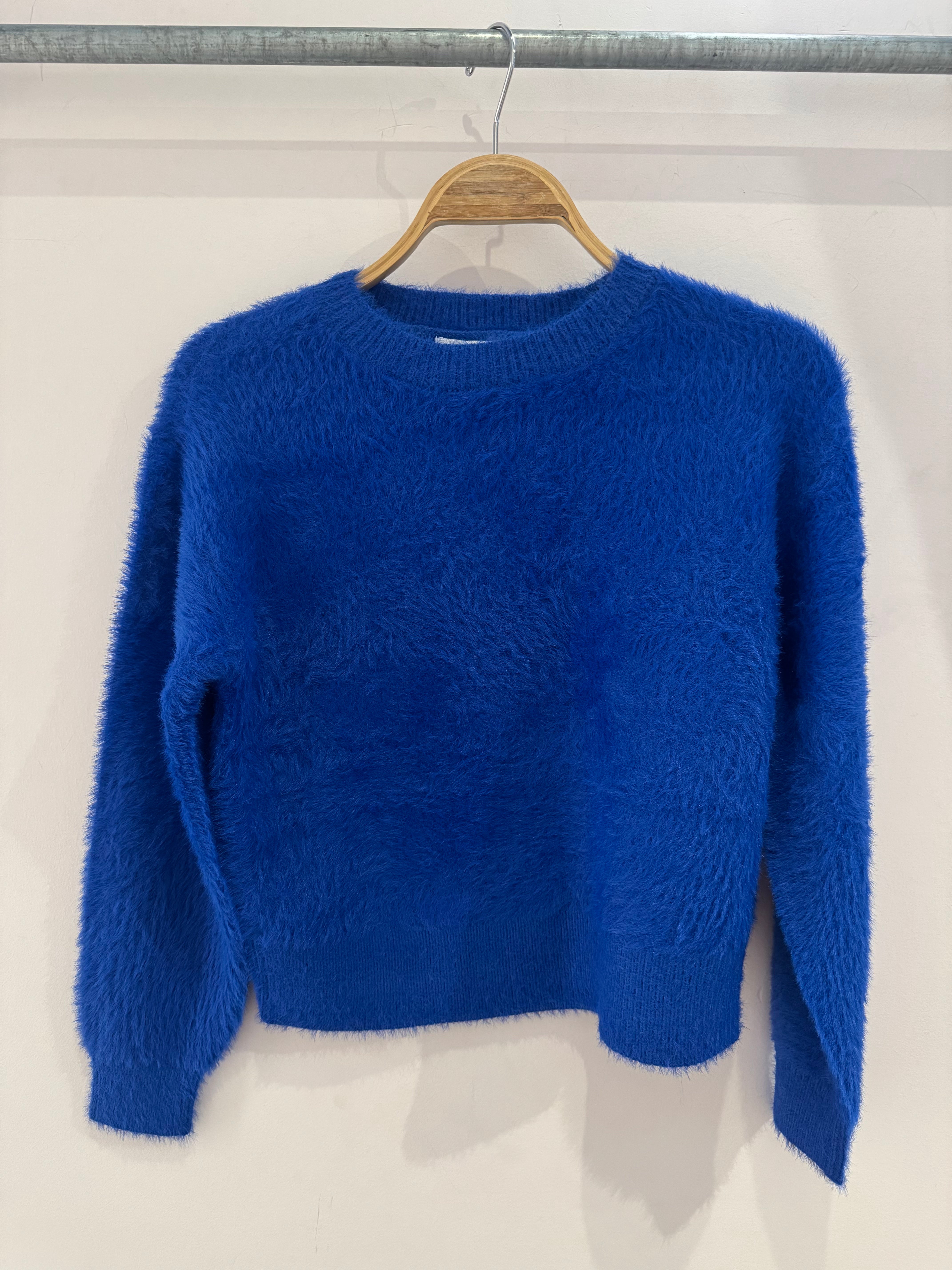 Daze Denim Fuzz Crewneck Eyelash Sweater in Cobalt
