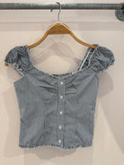 GOLDEN Jammie Button Up Puff Sleeve Top in Blue